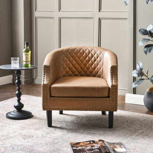 Louis Faux Leather Tufted Club Chair - Camel Accent Chair | Decorative Accent Chairs | Kinwell Furniture | Modern Club Chairs | Barrel Club Chair | Nailhead Trim Chair | Contemporary Faux Leather Chair | Elegant Camel Chair